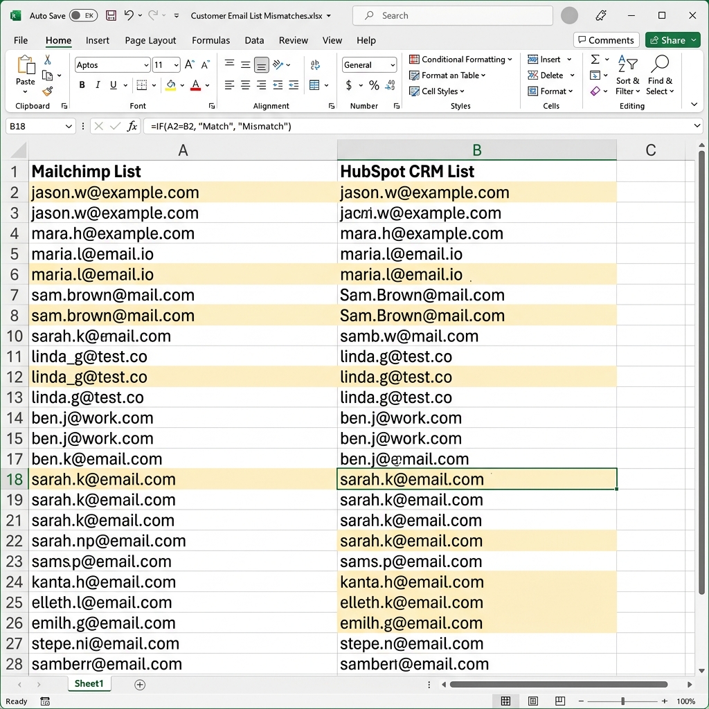 Excel spreadsheet comparing two customer lists side by side with mismatches and formatting errors