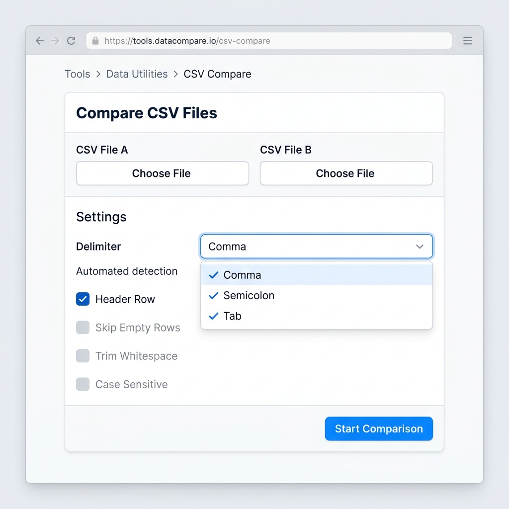 CSV delimiter configuration dropdown options panel