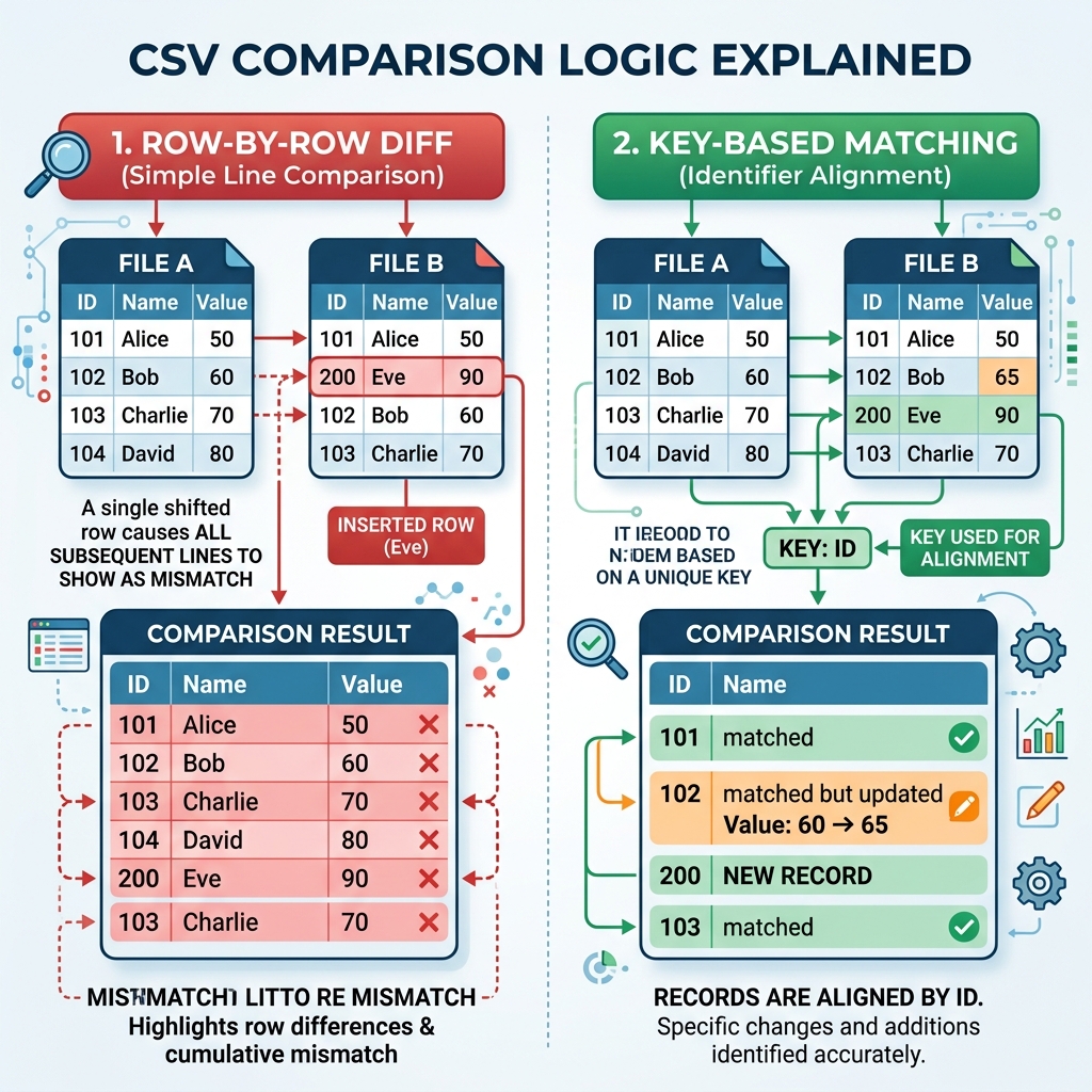 Visual diagram explaining row-by-row mismatch vs key-based alignment logic