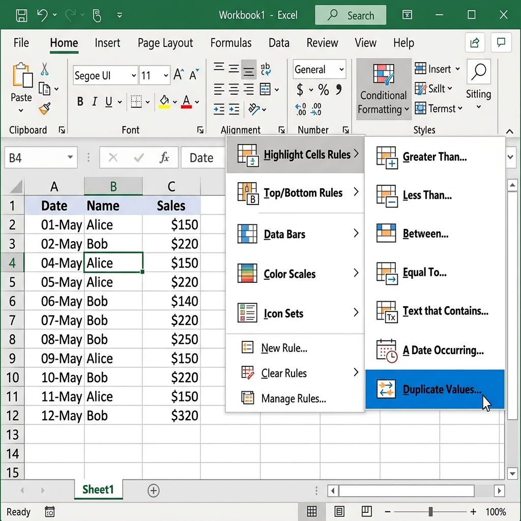 Excel ribbon navigation showing Conditional Formatting duplicate values dialog