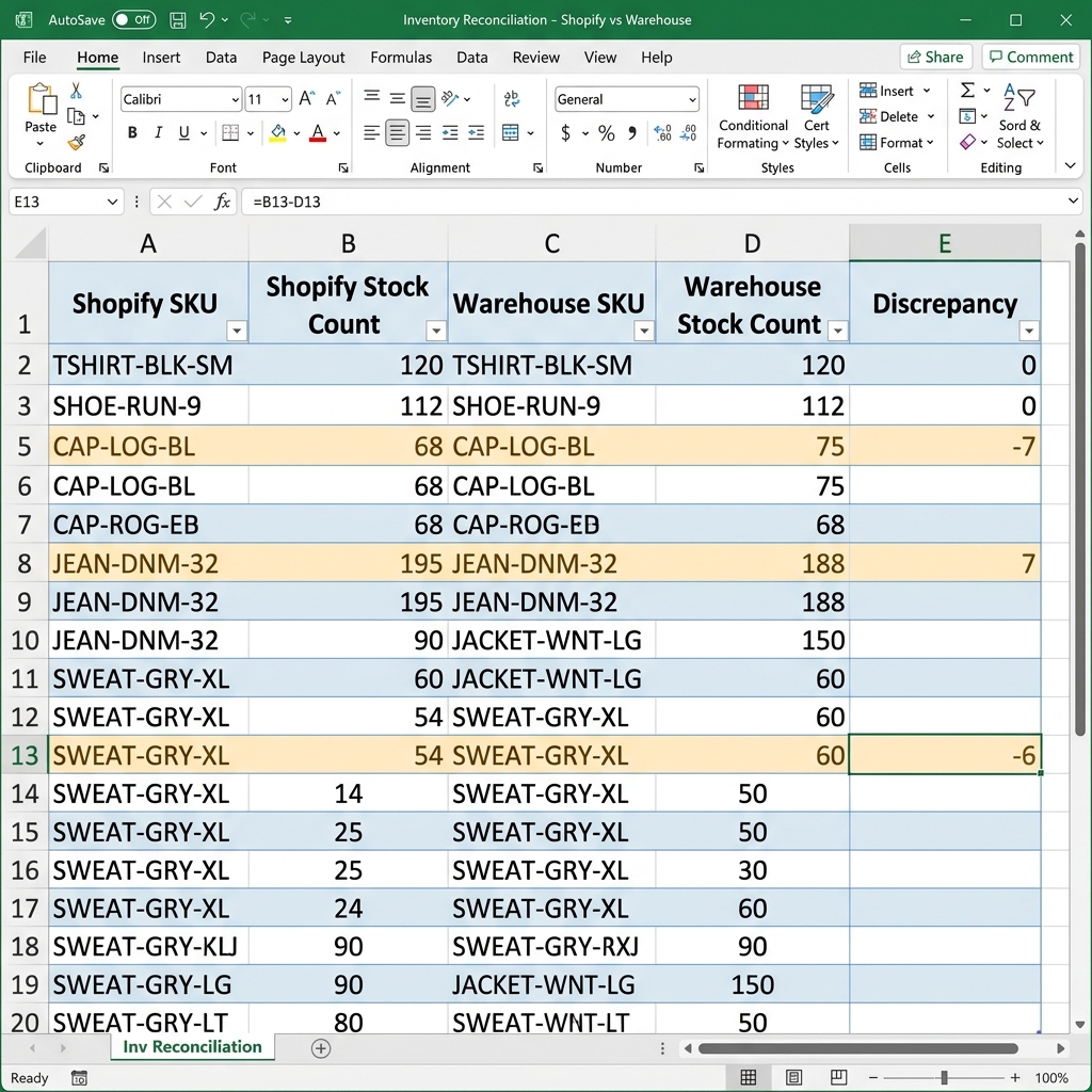 Excel sheet showing Shopify inventory vs physical warehouse counts with discrepancy highlights