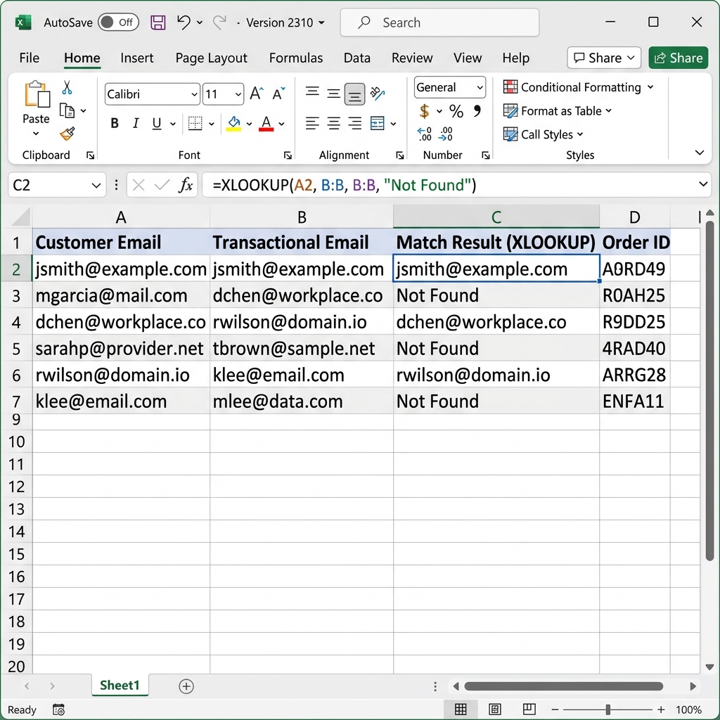 Excel XLOOKUP formula bar display with matching results column