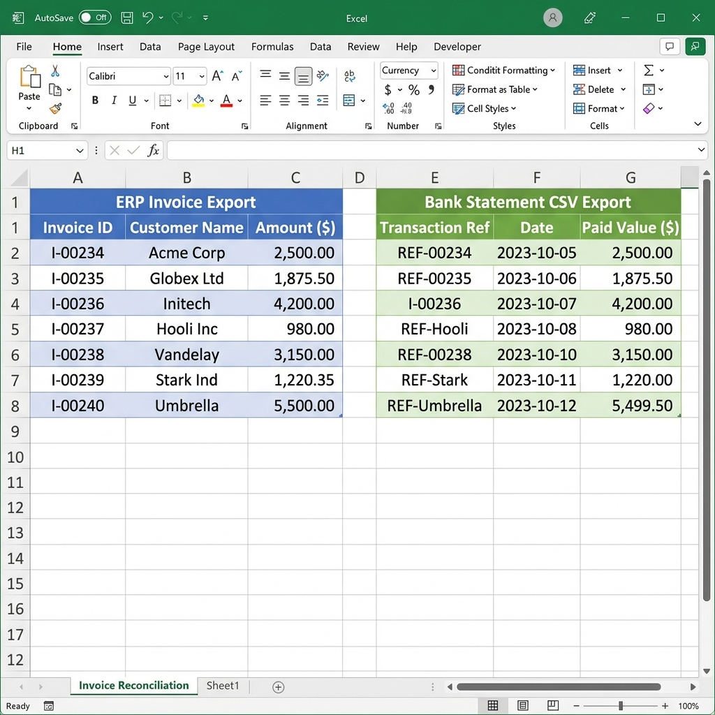 Excel comparison worksheet showing invoice exports compared against bank statements side by side