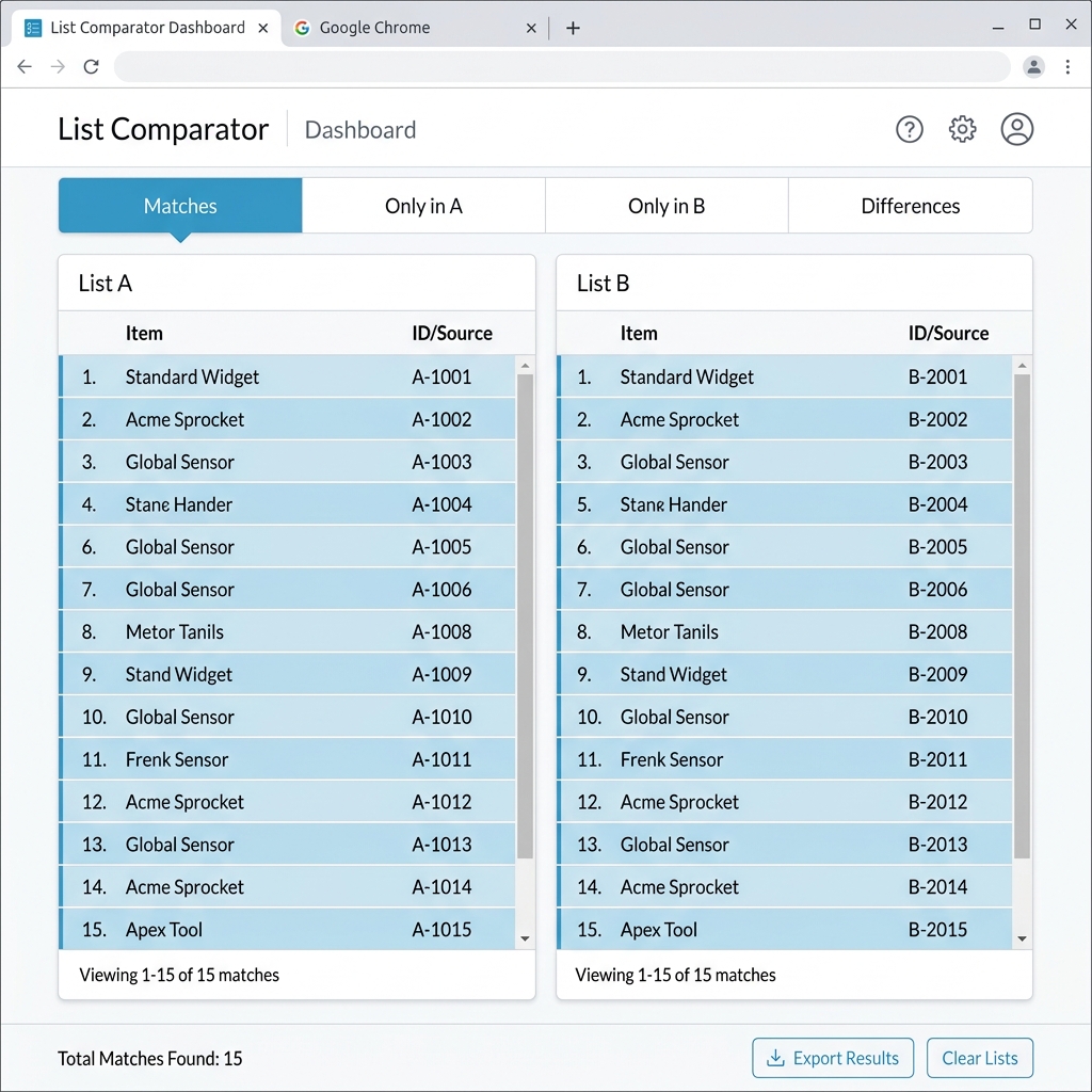Browser dashboard showing List A and List B compared side by side with Matches tab highlighted